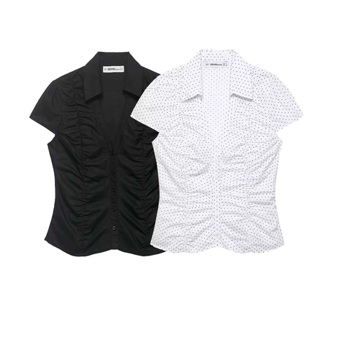 Damen Vintage Gerafft Polka Dot Kurzarm Hemd Lässig V-Ausschnitt Puffärmel Slim Fit Knopfleiste Bluse Top