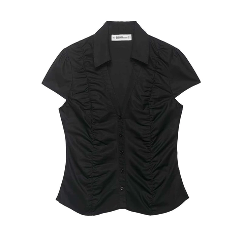 Damen Vintage Gerafft Polka Dot Kurzarm Hemd Lässig V-Ausschnitt Puffärmel Slim Fit Knopfleiste Bluse Top