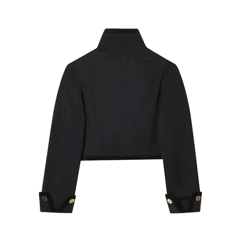 Dames Elegante Korte Zwarte Blazer Opstaande Kraag Kantoor Woon-werkjas Met Gouden Knopen Lange Mouw Polyester Bovenkleding