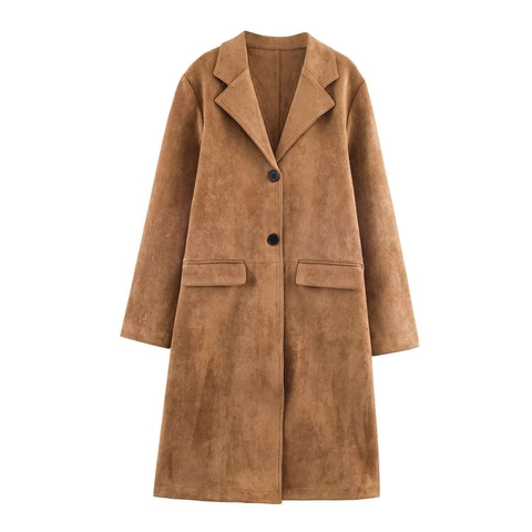 Γυναικεία Κλασική Καμπαρντίνα από Faux Suede Βίντατζ Γιακάς Μακρύ Μανίκι Μίντι Παλτό με Διπλό Κουμπί Φθινόπωρο Χειμώνας