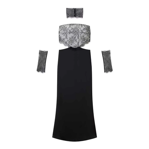 Sexy Rugloos Kant Patchwork Maxi Jurk Set Met Mouwmanchetten En Nekband Voor Dames Elegante Satijn Look Slim Lange Jurk