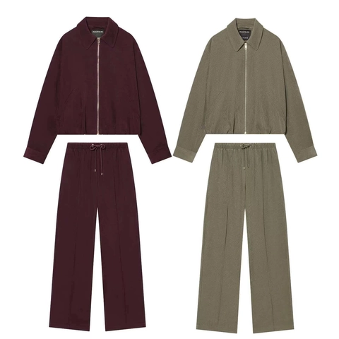 Women's Suede Short Zip Up Jacket And High Waist Straight Pants Casual Two Piece Set Solid Color Autumn Winter Outfit