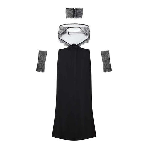 Sexy Rugloos Kant Patchwork Maxi Jurk Set Met Mouwmanchetten En Nekband Voor Dames Elegante Satijn Look Slim Lange Jurk