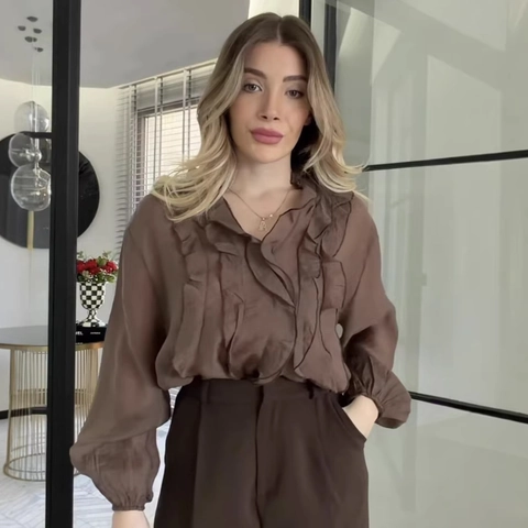 Camicetta in Chiffon con Volant Vintage da Donna Elegante Scollo a V Camicia a Maniche Lunghe Casual Stile Francese Pullover Top