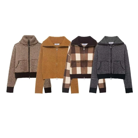 Women Retro Checkerboard Knitted Cardigan Sweater Polyester Plaid Long Sleeve Stand Collar Zipper Casual Jacket Autumn Winter Coat