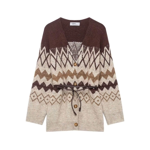 Dames Retro Geometrische Jacquard Gebreid Vest V Hals Lange Mouw Knoppen Trui Met Ceintuur Office Casual Gebreide Top