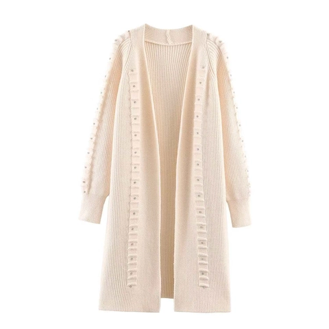 Cardigan en Maille Côtelée pour Femmes avec Perles Manches Longues Ouvert sur le Devant Pull Ample Manteau d'Hiver Casual