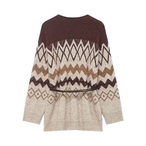 Dames Retro Geometrische Jacquard Gebreid Vest V Hals Lange Mouw Knoppen Trui Met Ceintuur Office Casual Gebreide Top