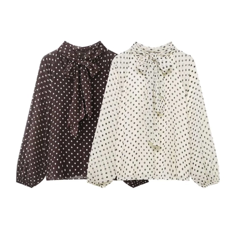 Blouse en Mousseline de Soie à Pois Vintage pour Femmes Élégant Col Écharpe Nœud Manches Longues Top Pullover Ample Chemise Décontractée