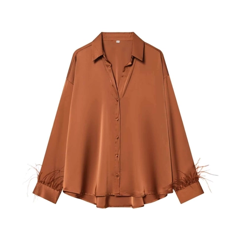 Elegant Women Satin Blouse With Feather Cuffs Minimalist Caramel Brown Long Sleeve Button Up Shirt For Party Wedding Office