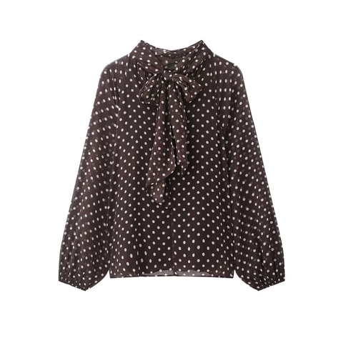 Blouse en Mousseline de Soie à Pois Vintage pour Femmes Élégant Col Écharpe Nœud Manches Longues Top Pullover Ample Chemise Décontractée