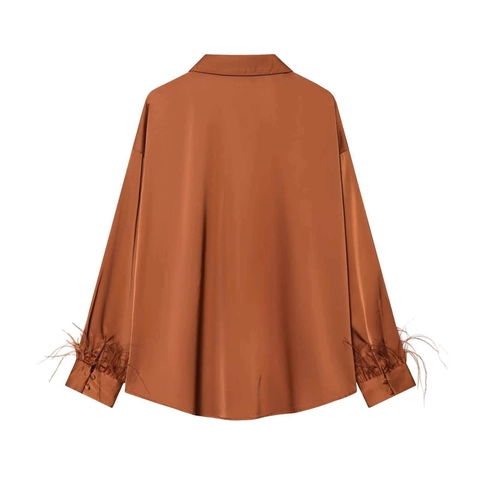 Elegant Women Satin Blouse With Feather Cuffs Minimalist Caramel Brown Long Sleeve Button Up Shirt For Party Wedding Office
