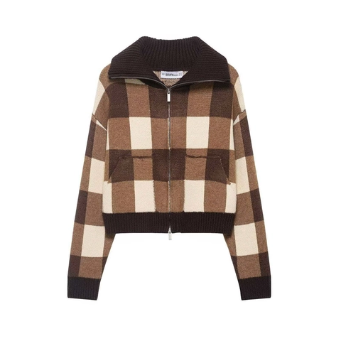 Women Retro Checkerboard Knitted Cardigan Sweater Polyester Plaid Long Sleeve Stand Collar Zipper Casual Jacket Autumn Winter Coat