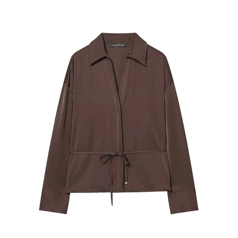 Damen Elegant Satin Hemd Dunkelbraun Langarm V-Ausschnitt Bluse Mit Gürtel Minimalistisch Casual Büro Chic Lady Tops