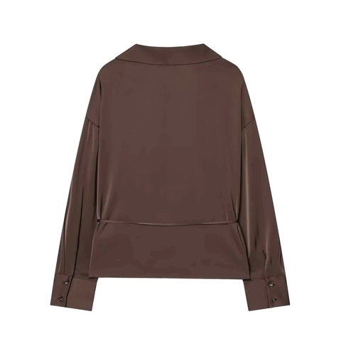 Damen Elegant Satin Hemd Dunkelbraun Langarm V-Ausschnitt Bluse Mit Gürtel Minimalistisch Casual Büro Chic Lady Tops