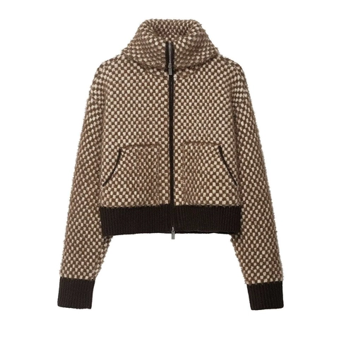 Veste En Tricot À Carreaux Pour Femme Fermeture Éclair Col Montant Manches Longues Patchwork Décontracté Style Bomber Rétro