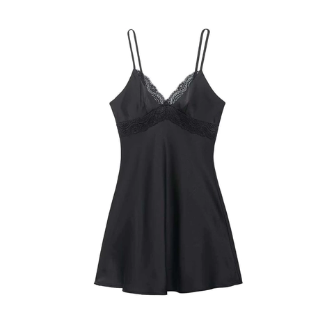Women Sexy Black Satin Lace Slip Mini Dress V Neck Sleeveless Nightdress Adjustable Straps Slim Fit Elegant Party Dress