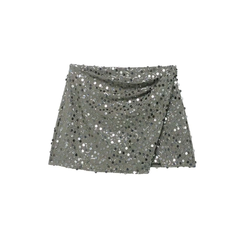 Minifalda Elegante de Cintura Alta con Lentejuelas para Mujer Verde Militar Bordado de Lentejuelas Falda Cruzada para Fiesta