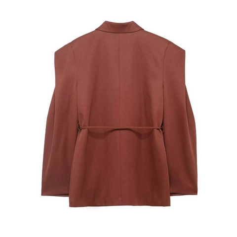 Women Elegant Caramel Brown Waisted Suit Jacket Notched Lapel Cape Shoulder Blazer With Belt Office Commuter Casual Outerwear