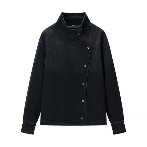 Damen Asymmetrische Knöpfe Jeansjacke Stehkragen Langarm Gewaschen Schwarz Twill Oberbekleidung Schick Herbst Top