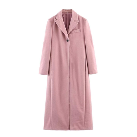 Women Elegant Pink Extra Long Woolen Coat Autumn Winter Lapel Single Button Overcoat Loose Casual Stylish Pocket Outerwear