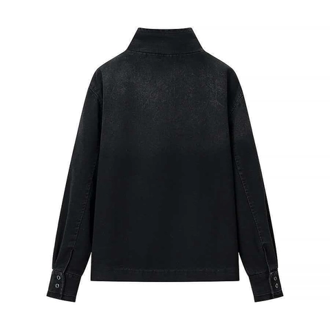 Damen Asymmetrische Knöpfe Jeansjacke Stehkragen Langarm Gewaschen Schwarz Twill Oberbekleidung Schick Herbst Top