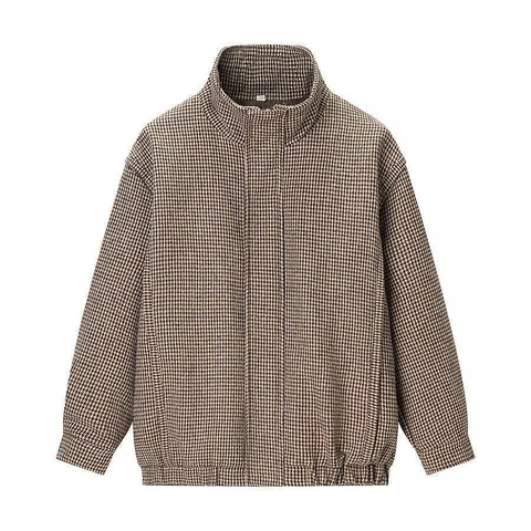 Giubbotto Bomber da Donna Vintage Houndstooth Collo in Piedi Vestibilità Larga Manica Lunga Zip Autunno Inverno