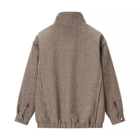 Giubbotto Bomber da Donna Vintage Houndstooth Collo in Piedi Vestibilità Larga Manica Lunga Zip Autunno Inverno