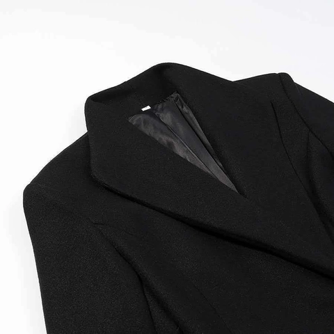 Damen Schwarz Extra Langer Wollmantel Reverskragen Ein-Knopf Slim Fit Einfarbig Herbst Büro Pendler Jacke