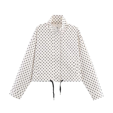 Damen Casual Polka Dot Jacke Stehkragen Langarm Reißverschluss Kordelzug Saum Oberbekleidung Herbst Mode Mantel