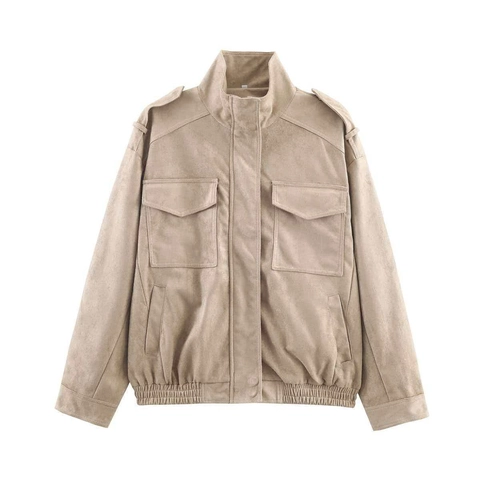 Women's Faux Suede Cargo Bomber Jacket With Stand Collar Epaulets Khaki Solid Color Casual Utility Coat For Autumn