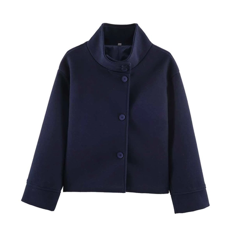 Dames Marineblauw Opstaande Kraag Korte Jas Elegant Woon-werkverkeer Knoop Decoratie Lange Mouw Polyester Bovenkleding