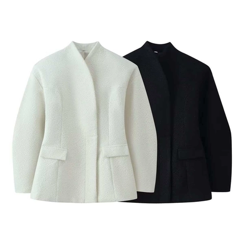 Giacca da Donna Elegante con Collo in Piedi in Lana Cappotto di Media Lunghezza a Maniche Lunghe con Tasche Casual