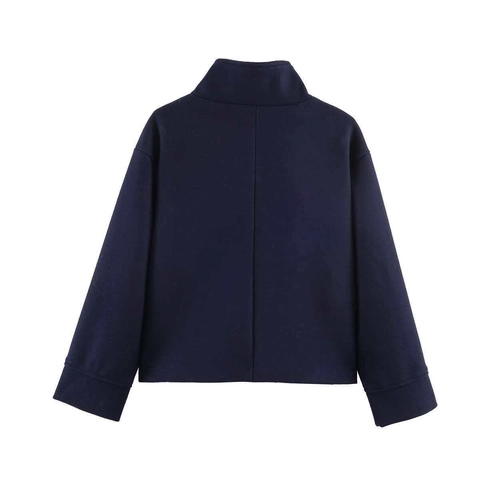 Dames Marineblauw Opstaande Kraag Korte Jas Elegant Woon-werkverkeer Knoop Decoratie Lange Mouw Polyester Bovenkleding