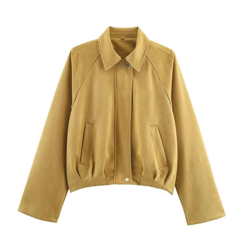 Chaqueta Bomber de Gamuza Sintética Color Amarillo Mostaza Vintage para Mujer Ajuste Regular Color Sólido Manga Larga