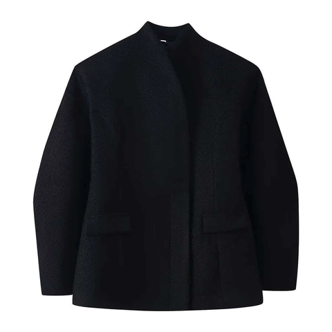 Giacca da Donna Elegante con Collo in Piedi in Lana Cappotto di Media Lunghezza a Maniche Lunghe con Tasche Casual