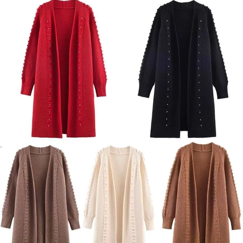 Cardigan en Maille Côtelée pour Femmes avec Perles Manches Longues Ouvert sur le Devant Pull Ample Manteau d'Hiver Casual