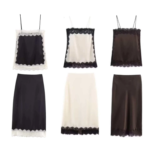 Gonna Midi in Satin con Pizzo da Donna Elegante Gonna a Tubino Dritta per Pendolari Casual Office Wear Tinta Unita Gonna Chic