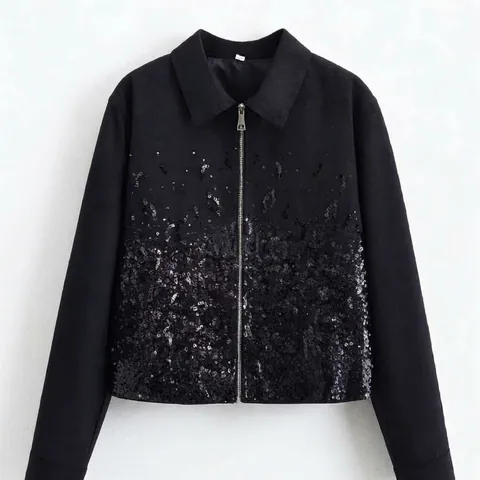 Dames Elegante Zwarte Pailletten Jas met Rits Lange Mouwen Losse Pasvorm Casual Feest Mode Polyester Bovenkleding Top