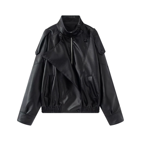 Women Faux Leather Biker Jacket Stand Collar Long Sleeve Solid Black PU Moto Outwear Loose Fit Casual Zip Up Jacket