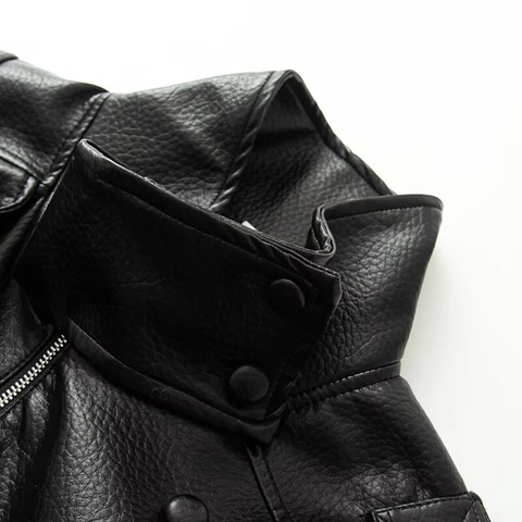 Women Faux Leather Biker Jacket Stand Collar Long Sleeve Solid Black PU Moto Outwear Loose Fit Casual Zip Up Jacket