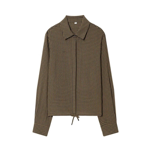 Women Casual Gingham Plaid Drawstring Hem Long Sleeve Shirt Retro Turn Down Collar Polyester Blouse Top For Daily Office Wear