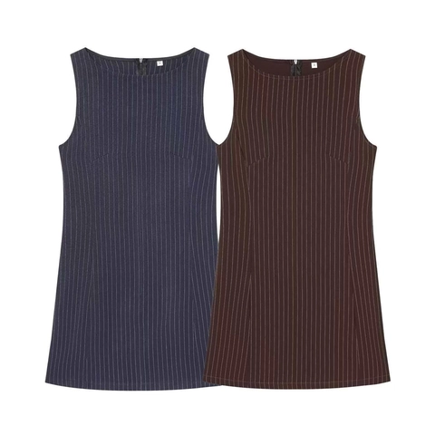 Women Summer Pinstripe Sleeveless Mini Dress Elegant Slim Fit Round Neck Back Zipper Polyester Commuter Short Pencil Dress