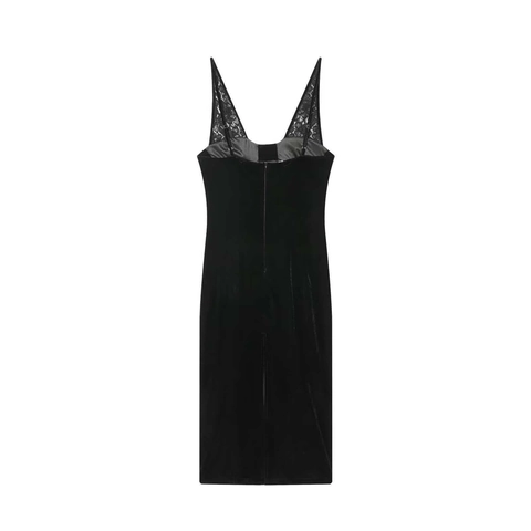 Elegant Women's Sexy Deep V-Neck Lace Patchwork Velvet Bodycon Midi Dress Sleeveless Spaghetti Strap Party Banquet Dress