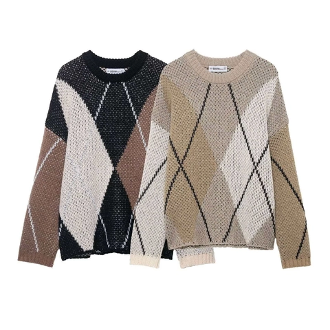 Suéter de Punto Argyle Vintage para Mujer Cuello Redondo Manga Larga Bloque de Color Contraste Jersey Casual Top de Punto Suave