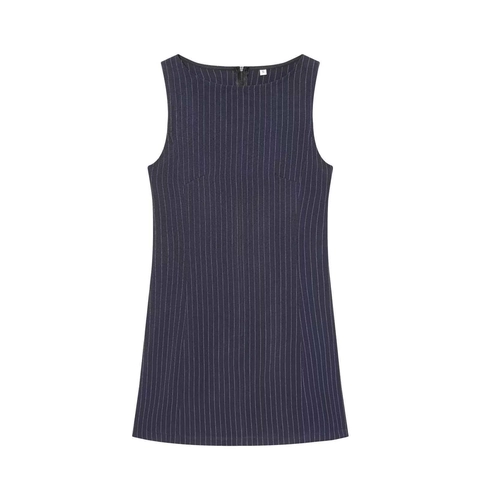 Women Summer Pinstripe Sleeveless Mini Dress Elegant Slim Fit Round Neck Back Zipper Polyester Commuter Short Pencil Dress