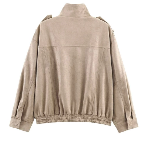 Women's Faux Suede Cargo Bomber Jacket With Stand Collar Epaulets Khaki Solid Color Casual Utility Coat For Autumn