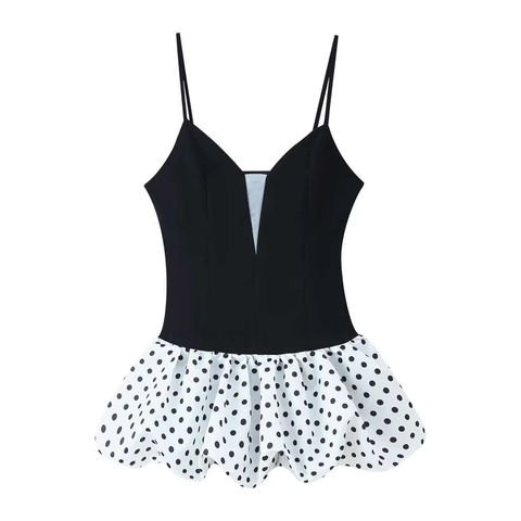 Women Sexy V Neck Sleeveless Polka Dot Stitching Camisole Mini Dress Spaghetti Strap Summer Slim Fit Patchwork Dress