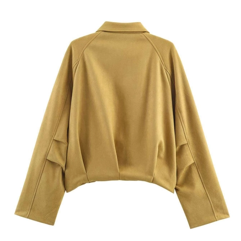 Chaqueta Bomber de Gamuza Sintética Color Amarillo Mostaza Vintage para Mujer Ajuste Regular Color Sólido Manga Larga