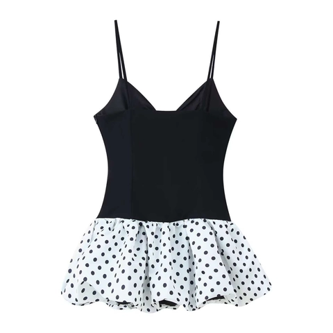 Women Sexy V Neck Sleeveless Polka Dot Stitching Camisole Mini Dress Spaghetti Strap Summer Slim Fit Patchwork Dress